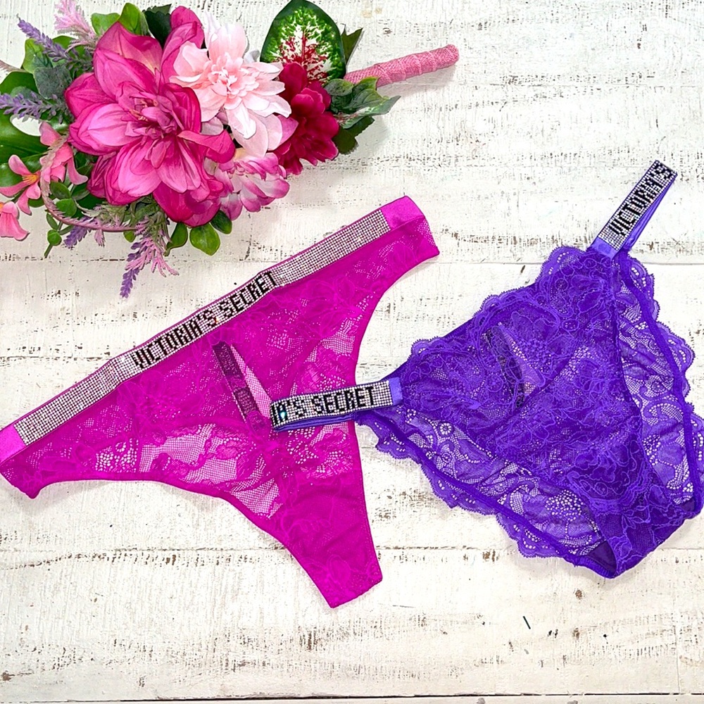 Victoria’s Secret Pink Purple Bundle Lace Shine Strap Thong String Bikini